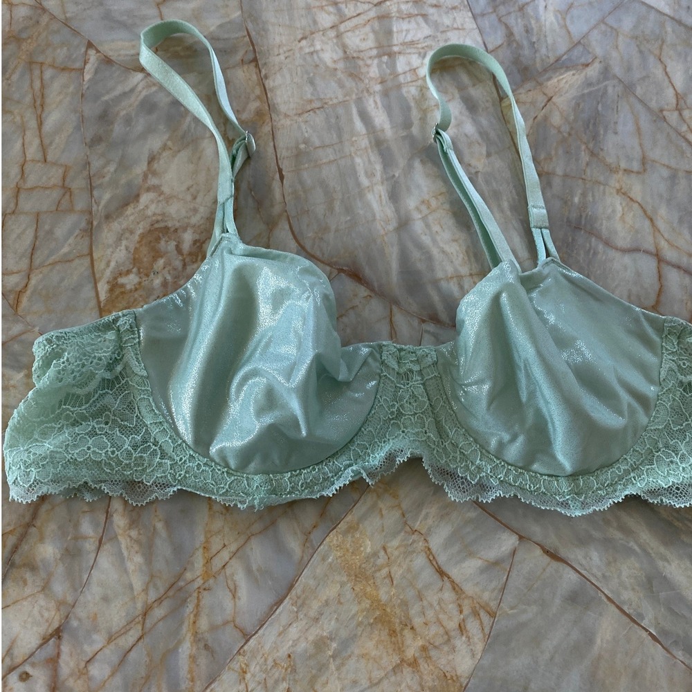 VS Mint Green Shimmer Lace Unlined Underwire Bra Adjustable Straps Metallic 34B